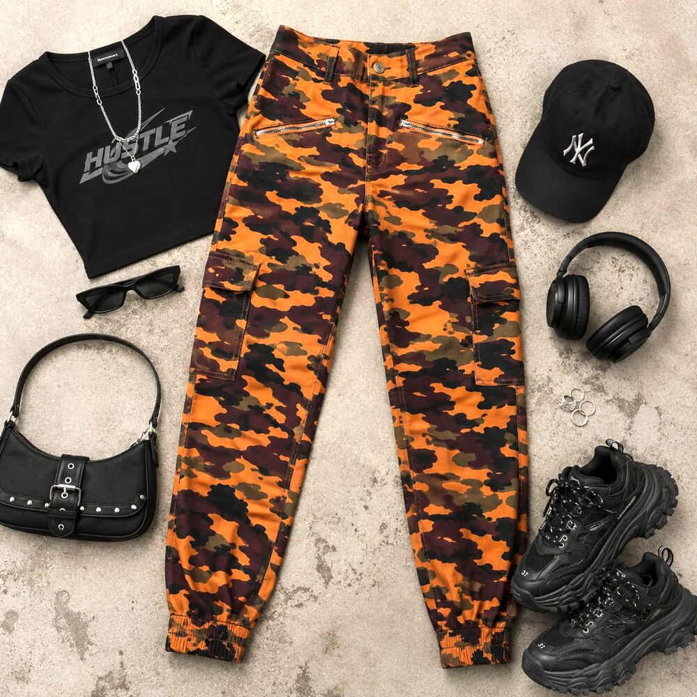 Wild Fable Orange Camo Cargo Joggers M High Rise Streetwear Y2K Pants